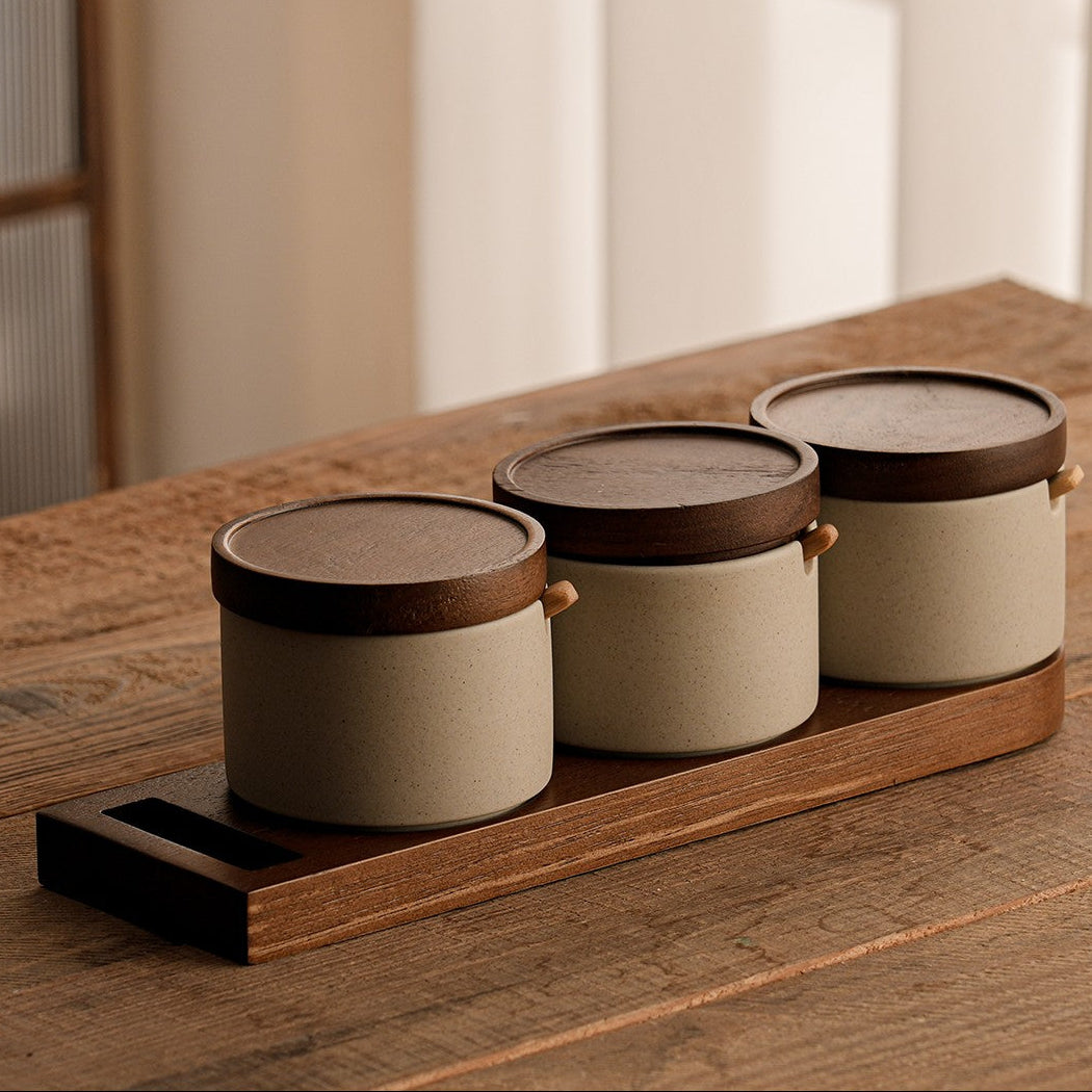 Vintage Ceramic Seasoning Storage Jars with Wooden Spoon Hypersku