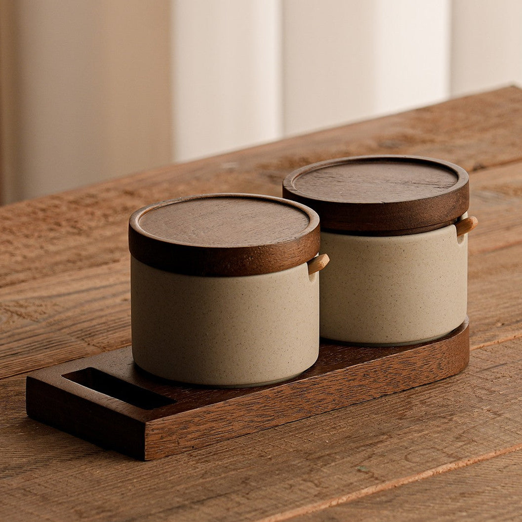 Vintage Ceramic Seasoning Storage Jars with Wooden Spoon Hypersku