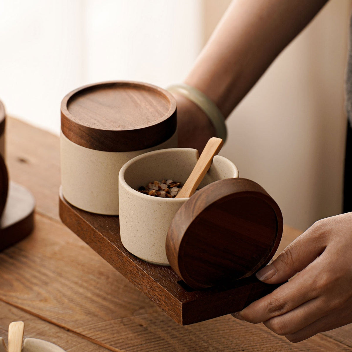 Vintage Ceramic Seasoning Storage Jars with Wooden Spoon Hypersku