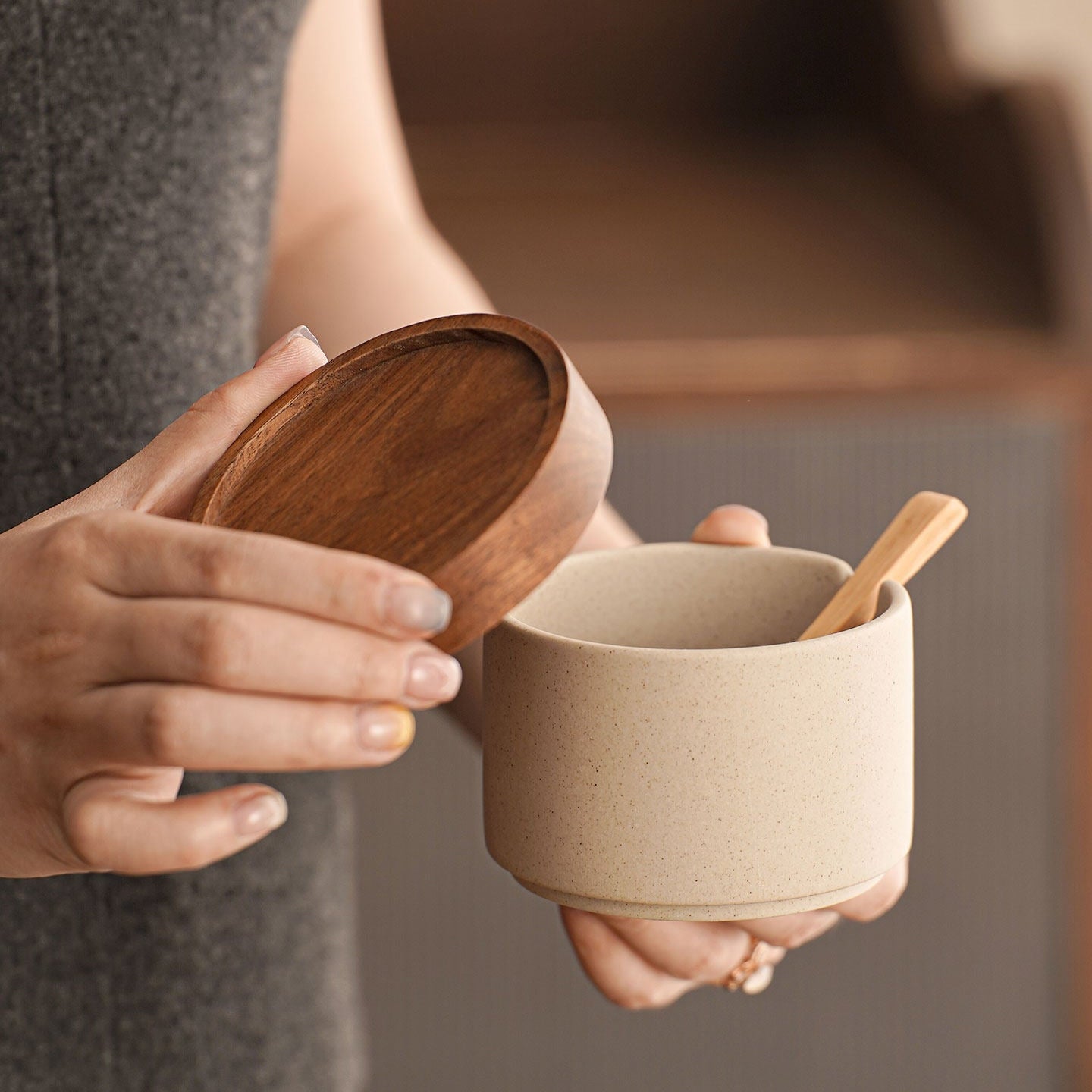 Vintage Ceramic Seasoning Storage Jars with Wooden Spoon Hypersku