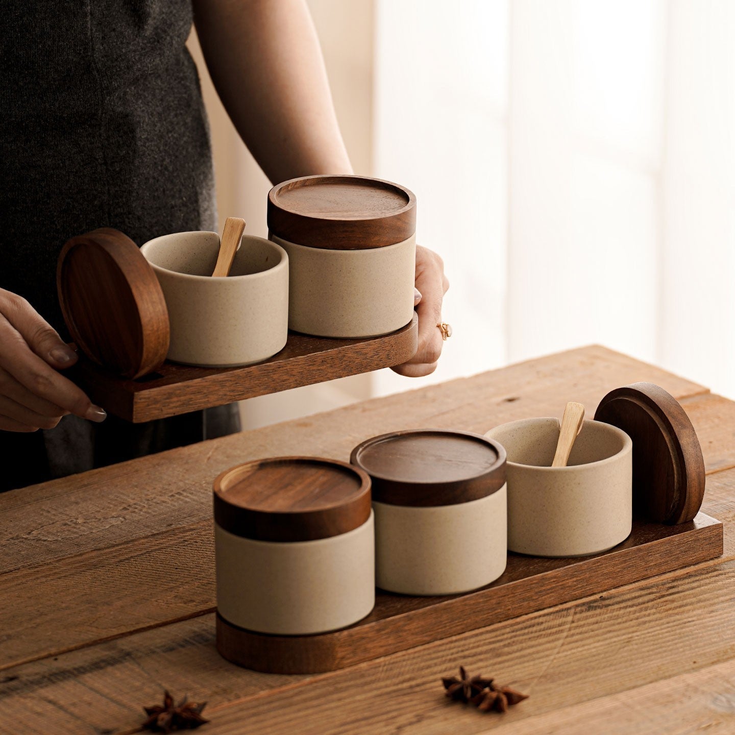 Vintage Ceramic Seasoning Storage Jars with Wooden Spoon Hypersku