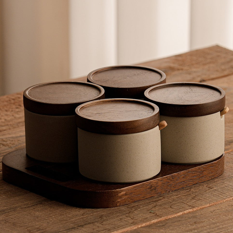 Vintage Ceramic Seasoning Storage Jars with Wooden Spoon Hypersku