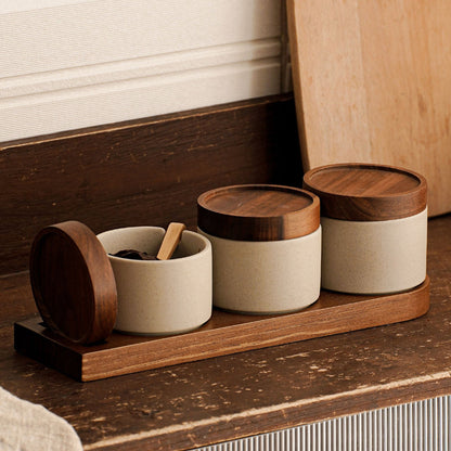 Vintage Ceramic Seasoning Storage Jars with Wooden Spoon Hypersku