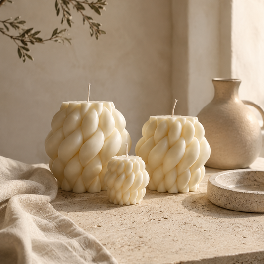 Sculptural knot candle styled in a warm neutral interior with natural textures and minimalist decor.