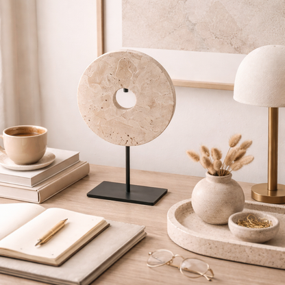 Travertine Circle Sculpture styled on a neutral console table