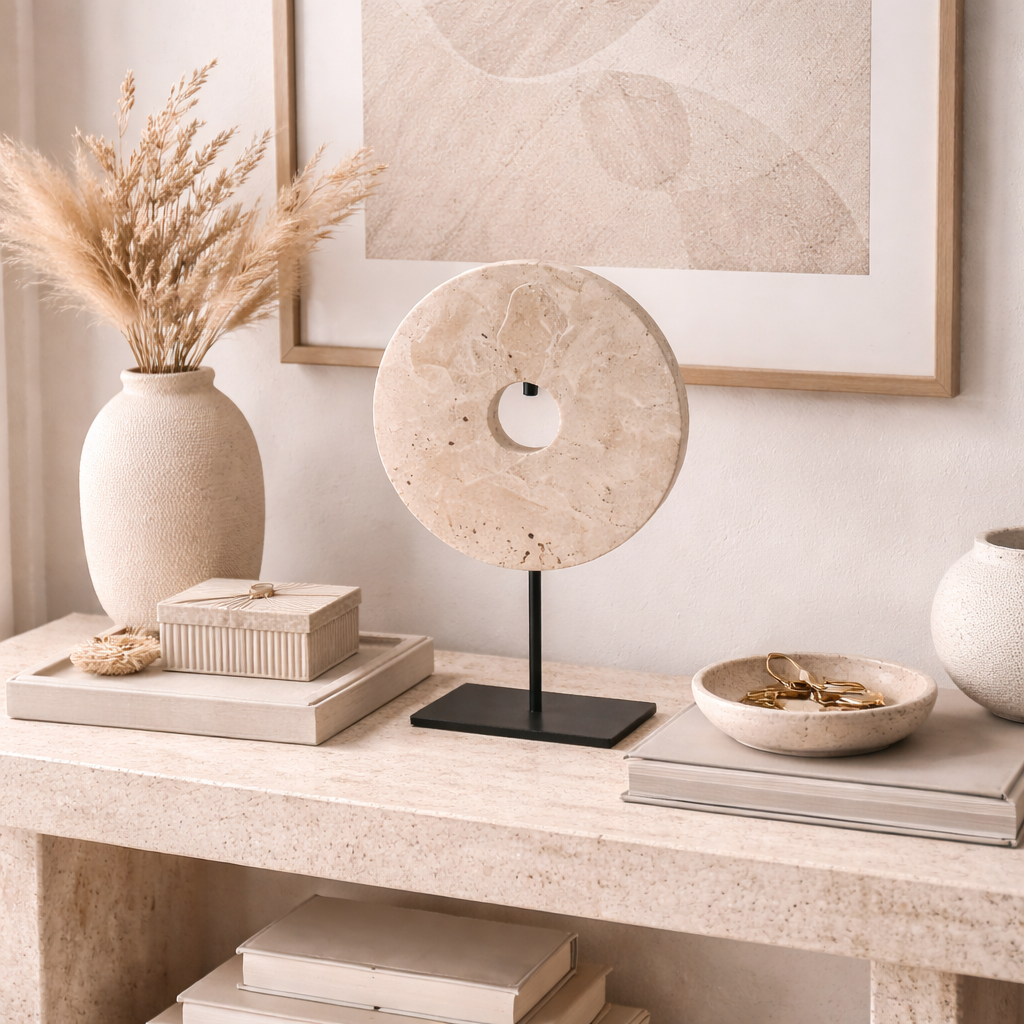 Travertine Circle Sculpture styled on a neutral console table