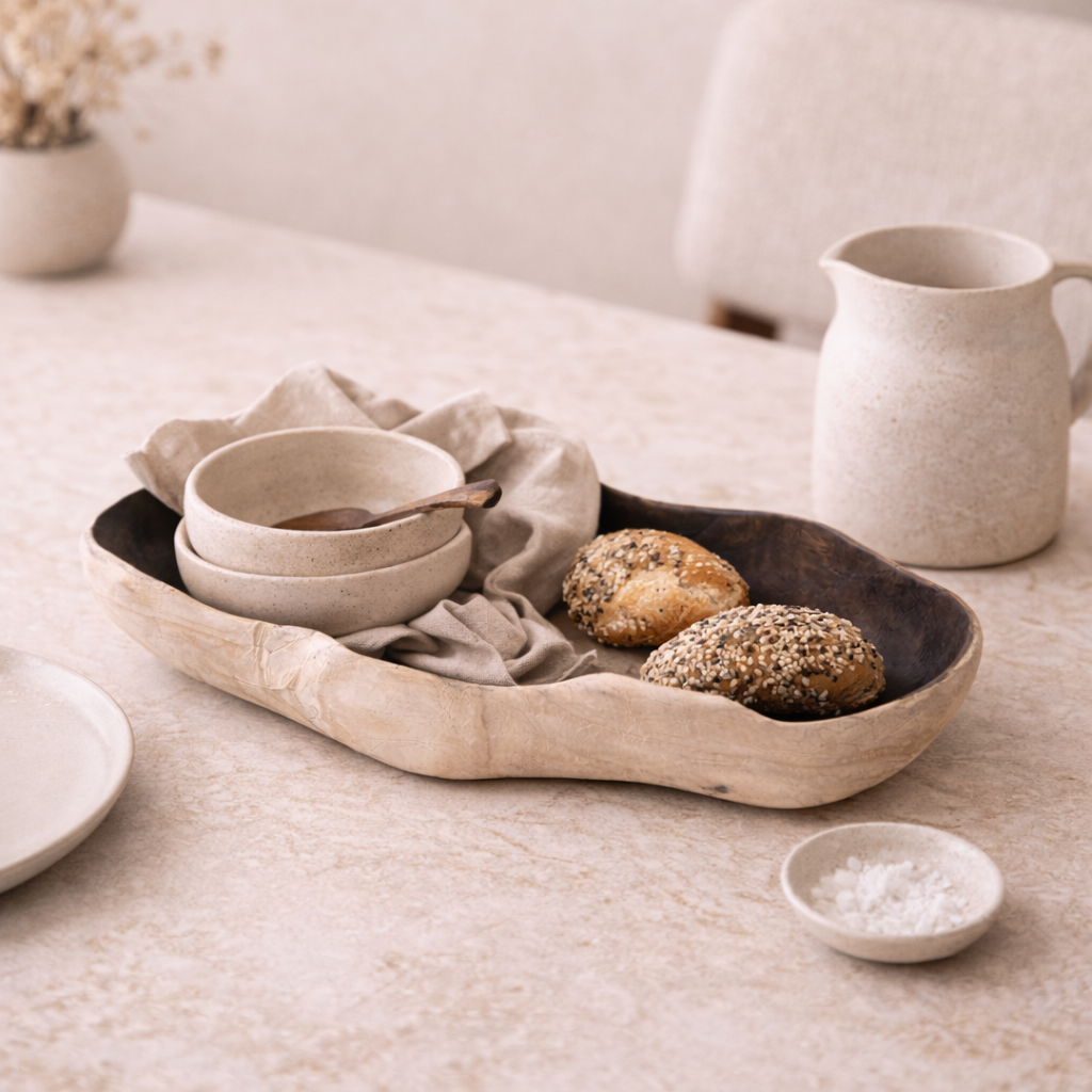 Sculptural natural wood tray styled in a warm neutral interior with organic textures and minimalist decor.