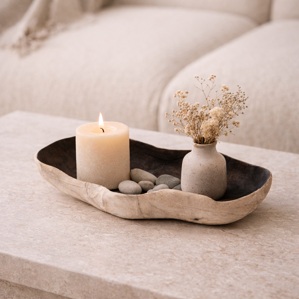 Sculptural natural wood tray styled in a warm neutral interior with organic textures and minimalist decor.