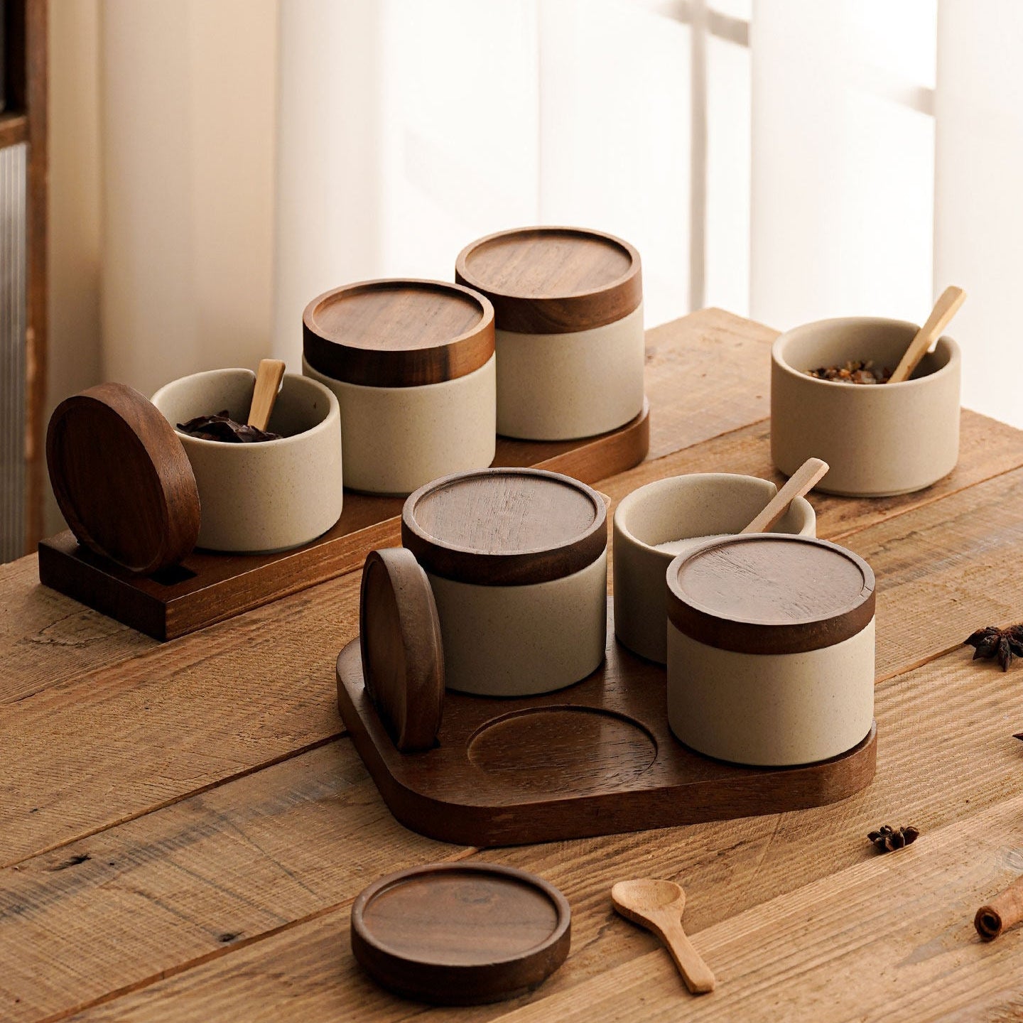 Vintage Ceramic Seasoning Storage Jars with Wooden Spoon Hypersku