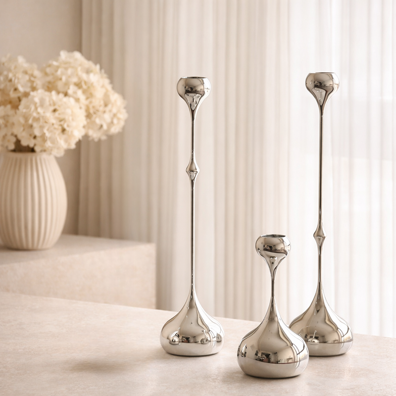 Silver Taper Candle Holder | Sculptural Water Drop Design Hypersku