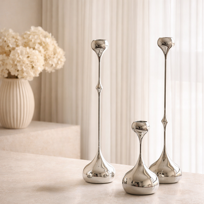 Silver Taper Candle Holder | Sculptural Water Drop Design Hypersku