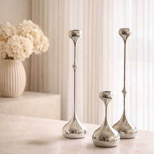 Silver Taper Candle Holder | Sculptural Water Drop Design Hypersku
